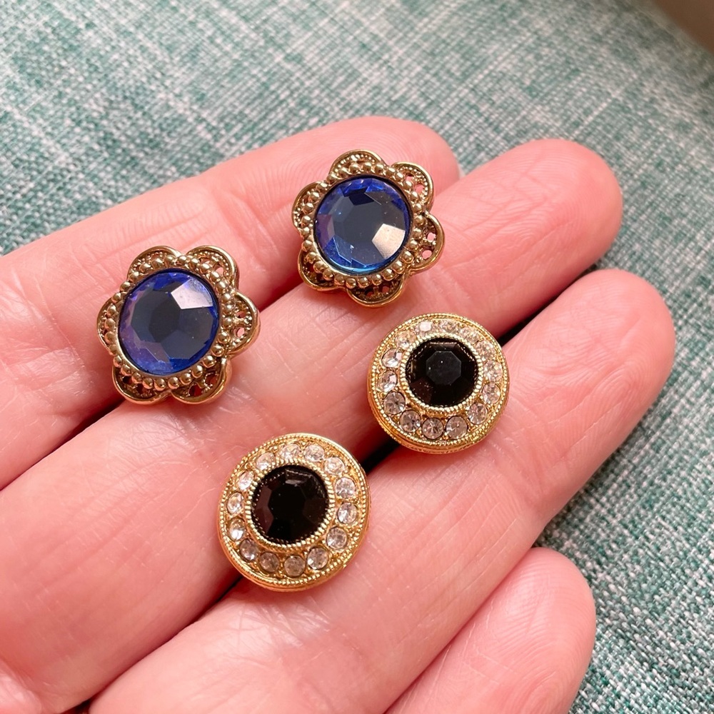 Two Pair Stone Gold Tone Stud Earrings